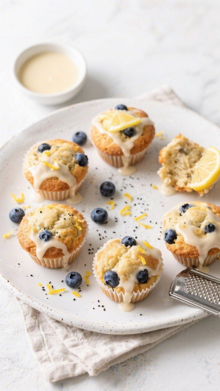 Tasty top view: Overhead shot of a breakfast spread featuring plated lemon blueberry protein muffins