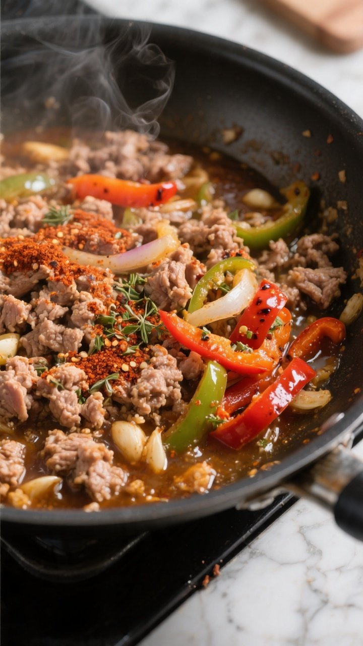 Close-up cooking process in a large skillet: ground turkey simmering with the fajita spice blend (ch