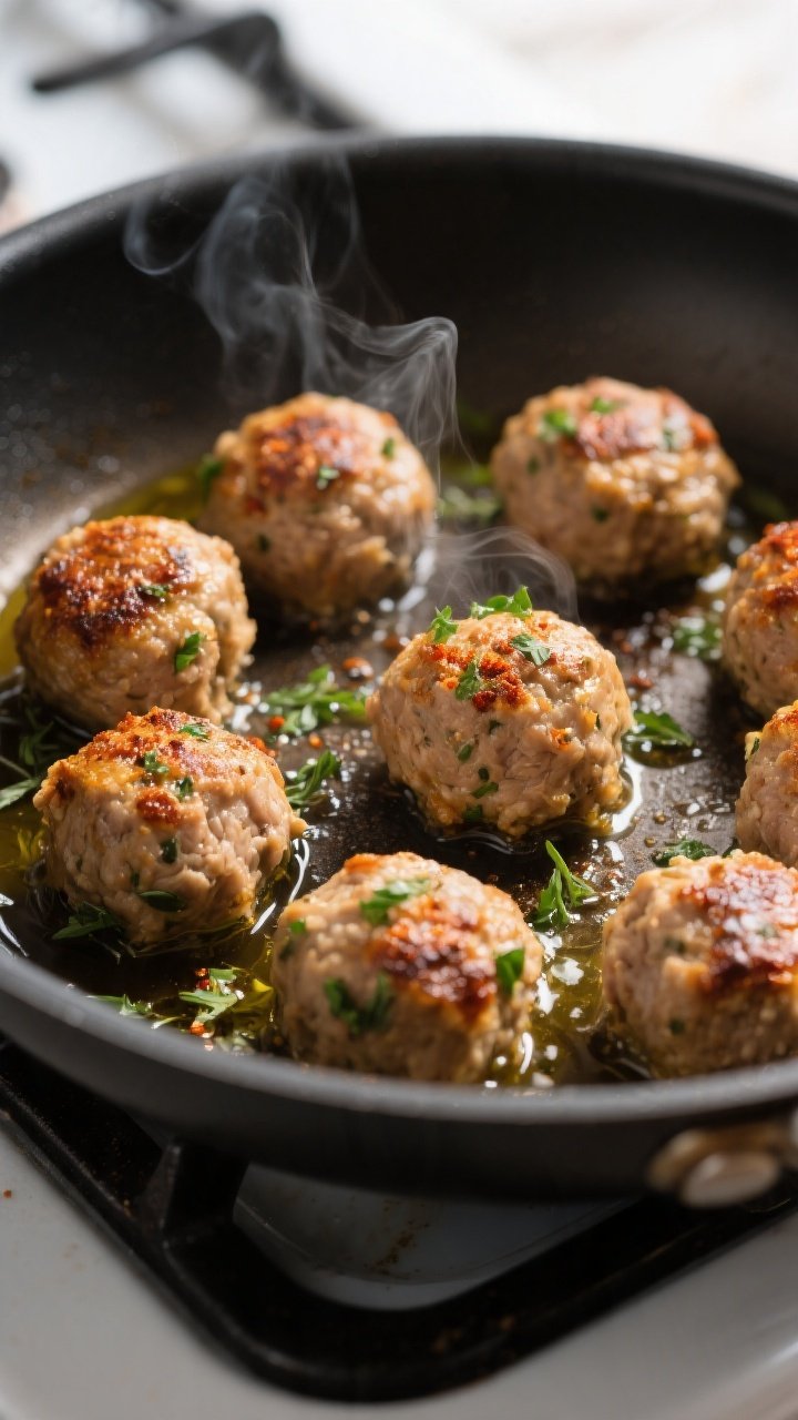 Close-up detail, cooking process: Golden-browned turkey meatballs sizzling in a nonstick skillet wit