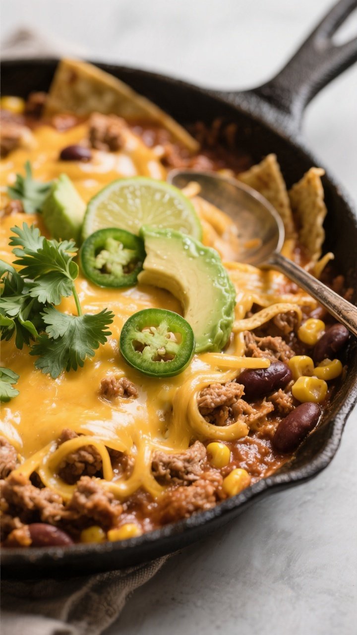 Close-up, of the finished Ground Turkey Enchilada Skillet: melted Mexican blend cheese forming gooey