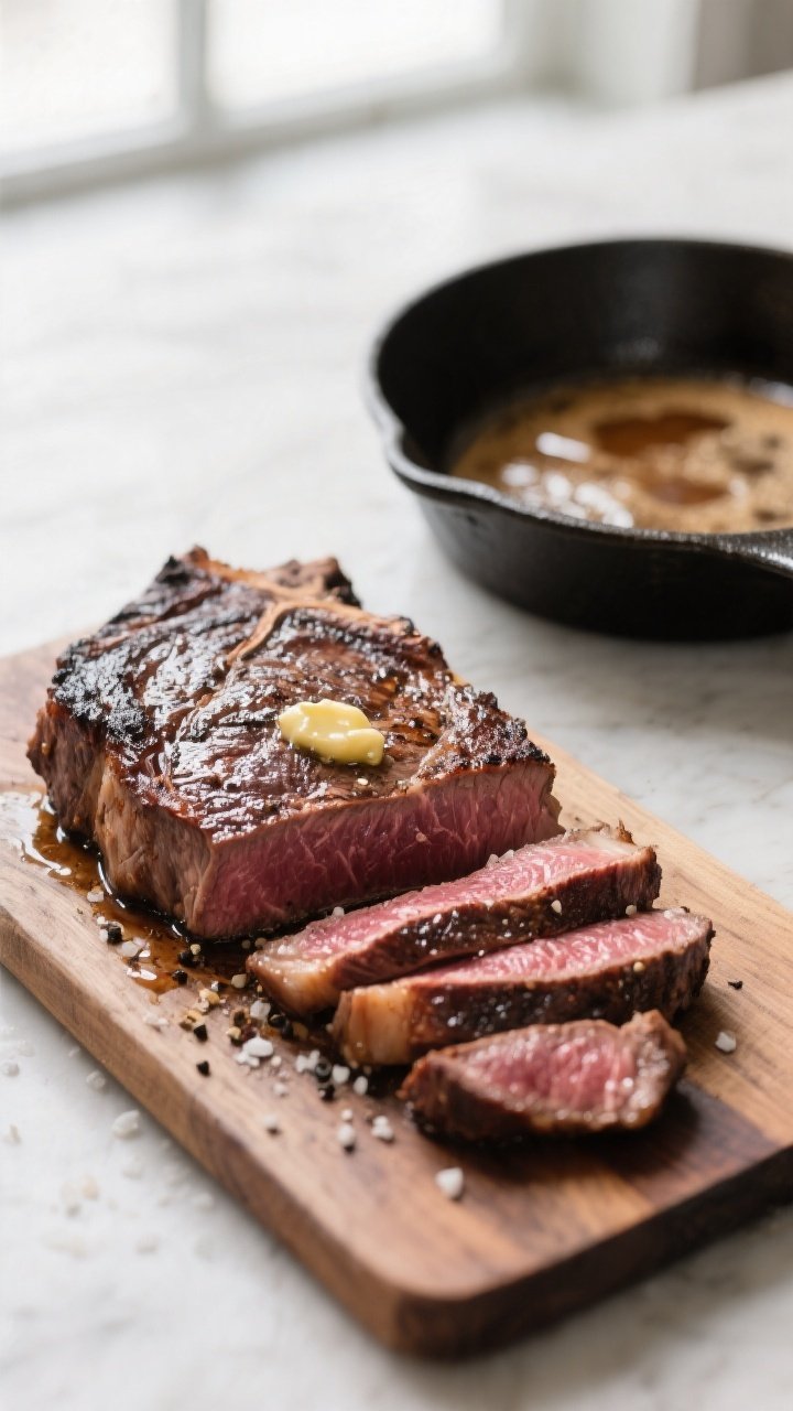 Cooking process: A perfectly seared medium-rare ribeye resting on a wooden board, sliced into 1/4-in