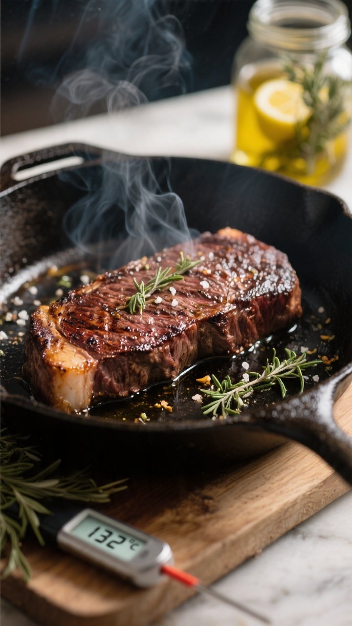 Cooking process — cast-iron sear: Close-up of a flank steak in a ripping-hot cast-iron skillet, de