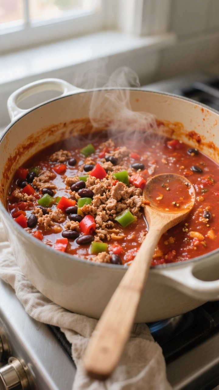 Cooking process, close-up detail: A Dutch oven of simmering healthy ground turkey chili mid-cook, sh