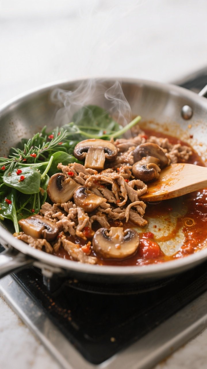 Cooking process, close-up detail: A sizzling stainless-steel skillet on the stovetop showing browned