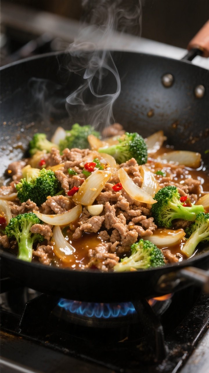 Cooking process, close-up detail: Glossy ground turkey and broccoli stir fry sizzling in a black car