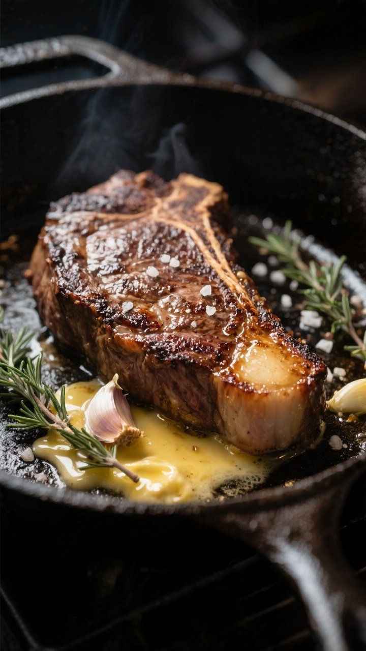 Cooking process, close-up detail: Searing ribeye steak in a cast-iron skillet mid-baste for the “m