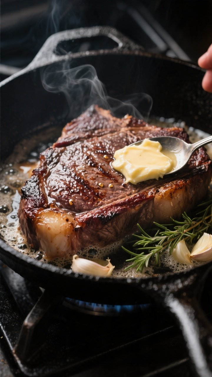 Cooking process, close-up detail: Searing ribeye steak in a cast-iron skillet with a deep mahogany c