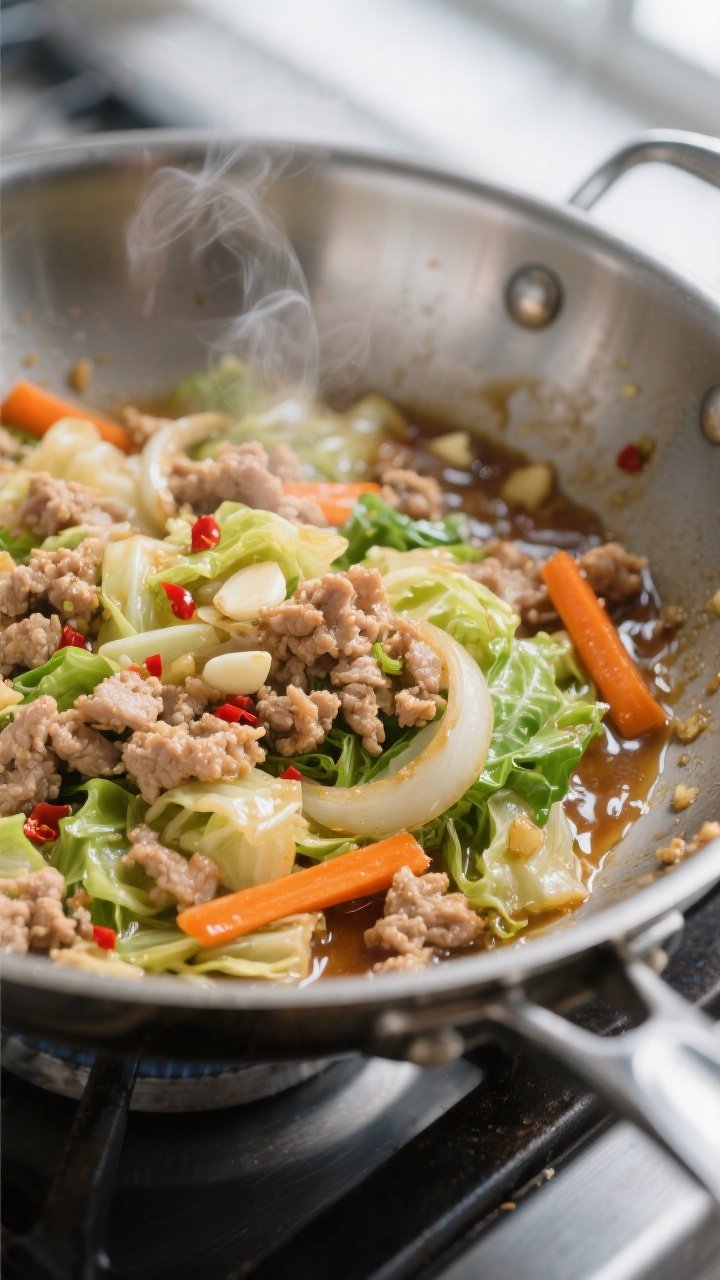 Cooking process, close-up detail: Sizzling ground turkey cabbage stir fry mid-cook in a wide stainle