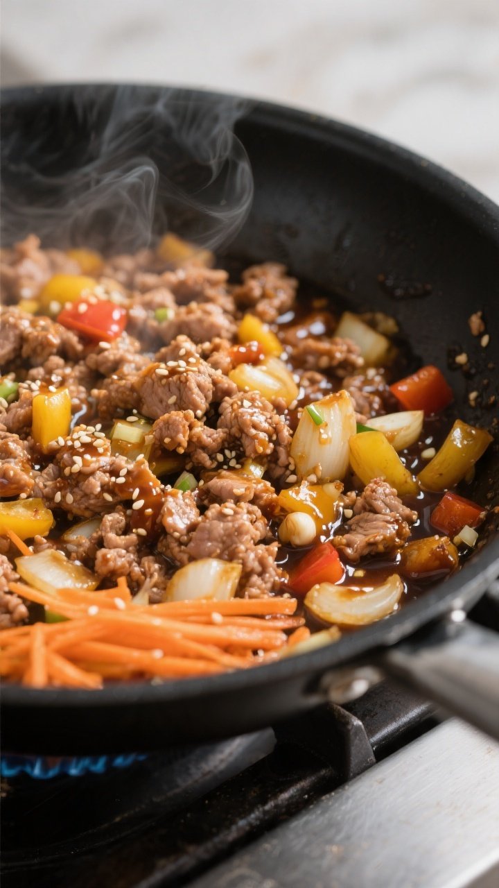 Cooking process, close-up detail: Sizzling ground turkey and vegetables in a large black skillet ove