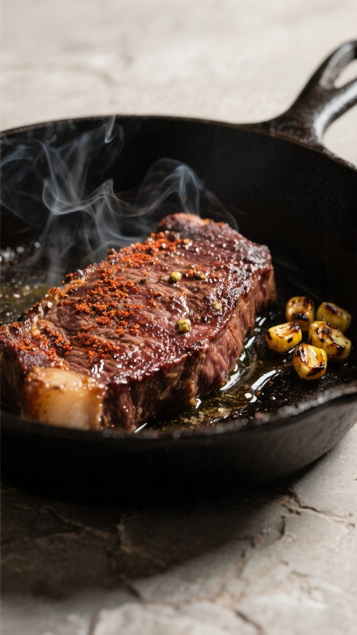 Cooking process, close-up detail: Sizzling skirt steak in a cast-iron skillet just after the flip, d