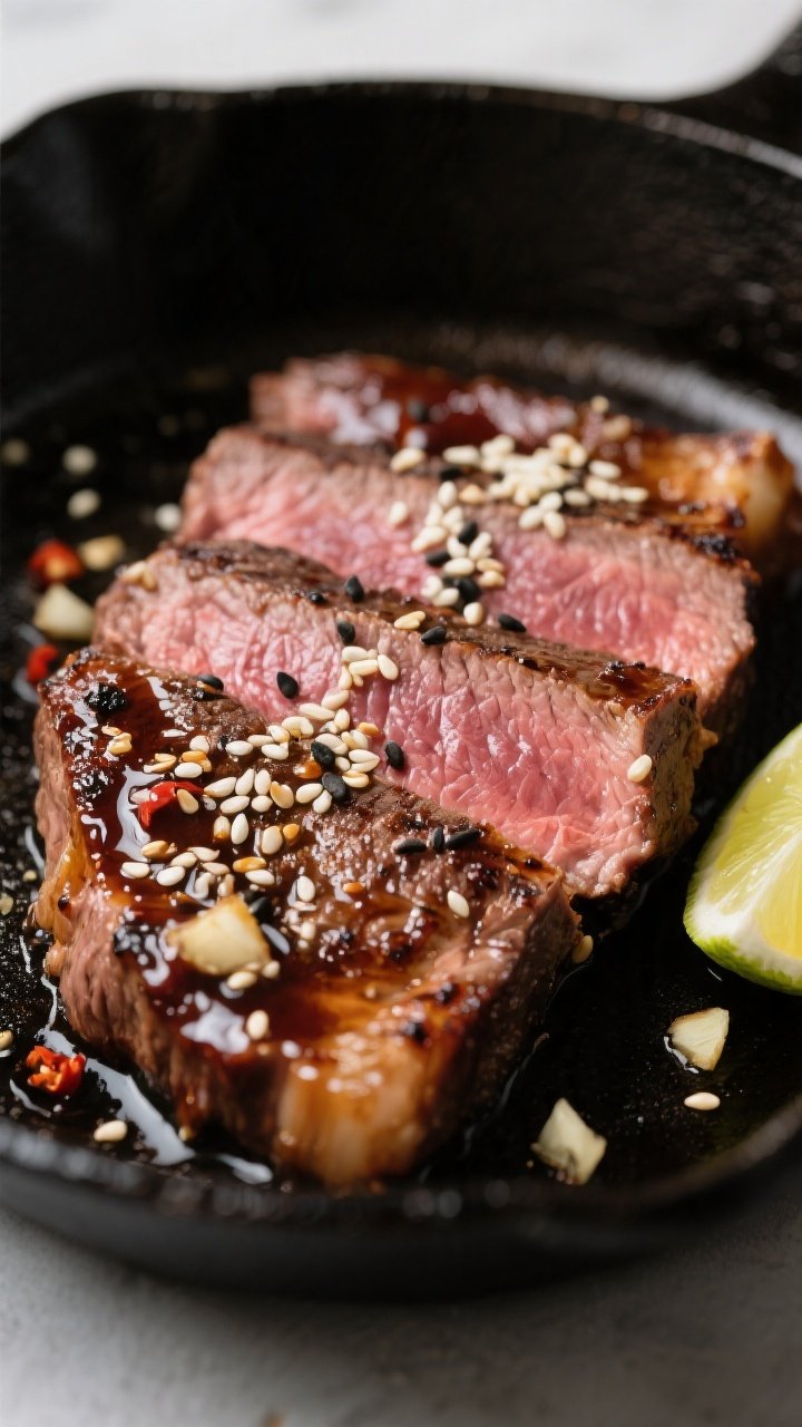 Cooking process, close-up detail: Sliced medium-rare flank steak just off a cast-iron skillet, glist