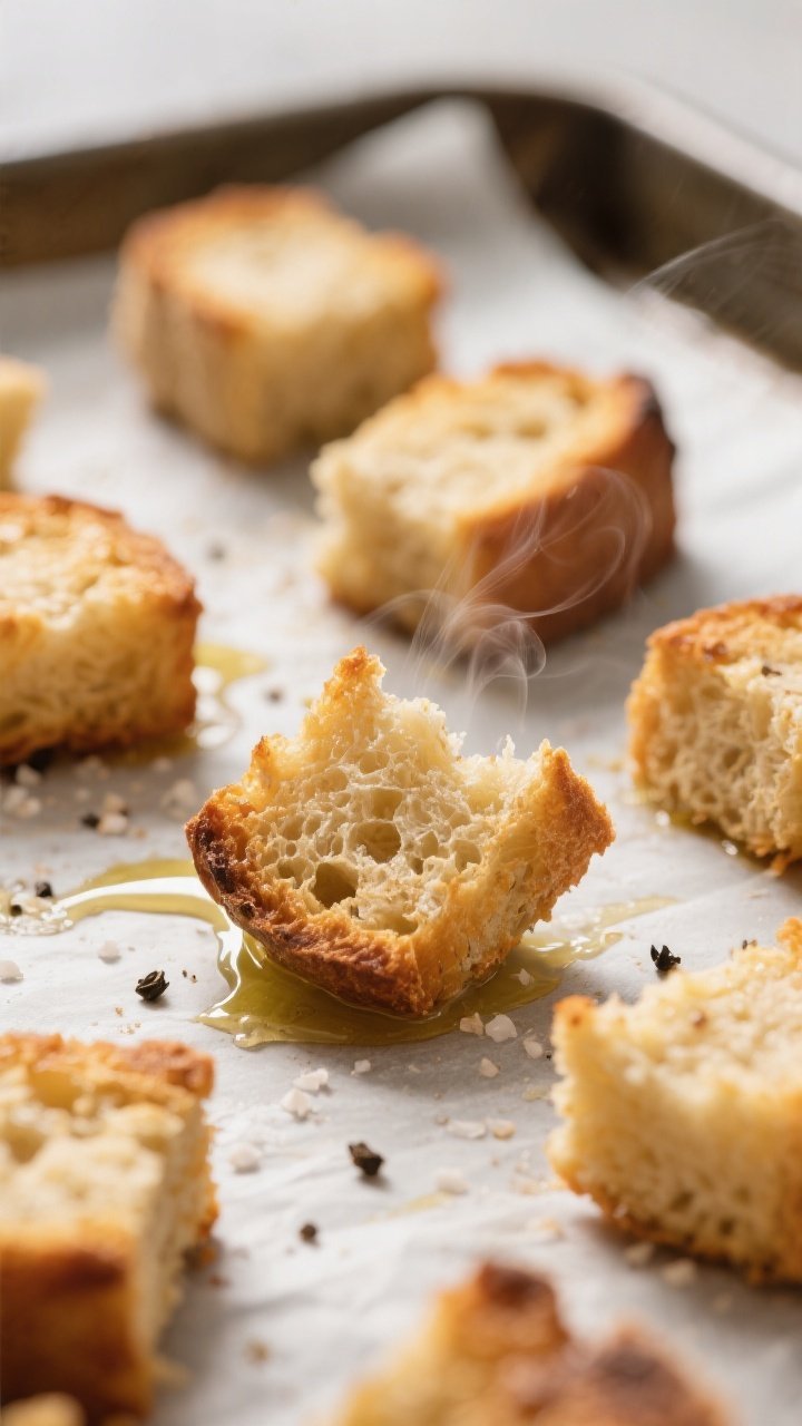 Cooking process close-up: Golden, craggy sourdough croutons just out of the oven on a parchment-line