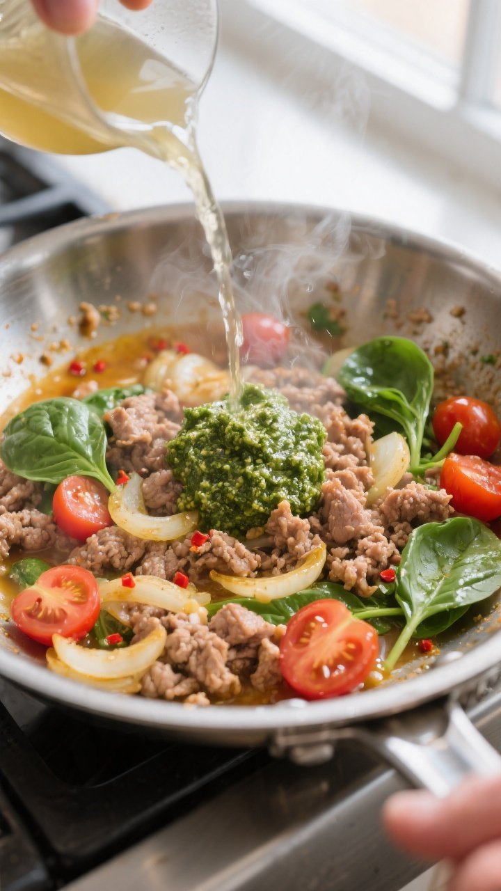 Cooking process close-up: Ground turkey browning in a stainless-steel skillet with golden, transluce