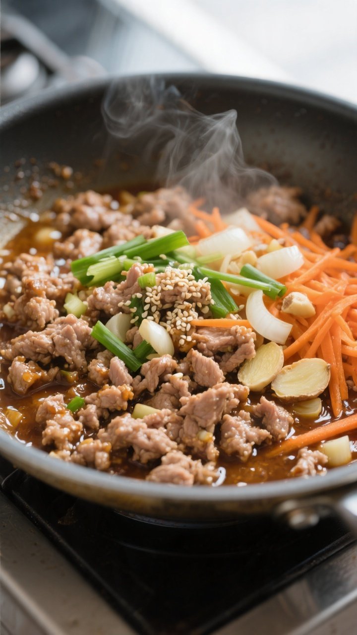 Cooking process close-up: Ground turkey browning in a wide stainless skillet, coated in a glossy sti