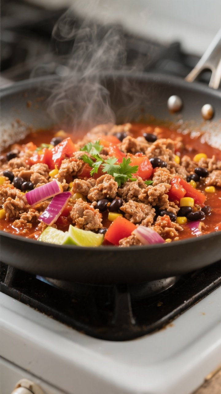 Cooking process close-up: Ground turkey burrito filling sizzling in a wide stainless skillet, turkey
