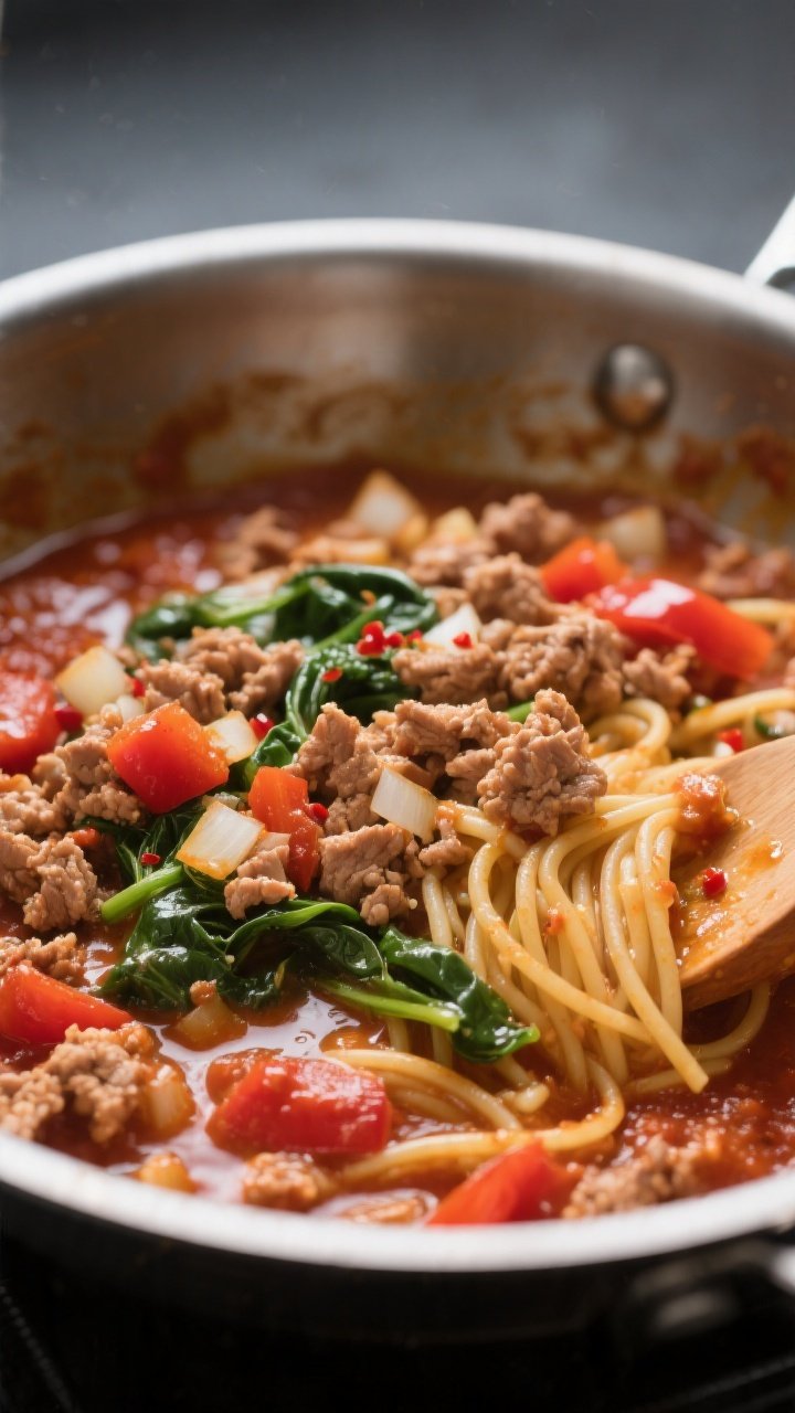 Cooking process close-up: Ground turkey pasta sauce simmering in a wide stainless skillet, showing b