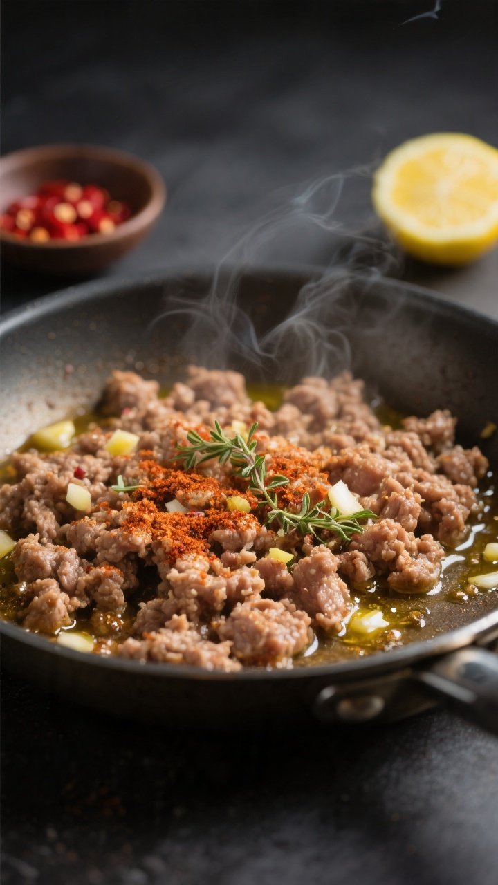 Cooking process close-up: Ground turkey sizzling in a stainless skillet, browned crumbles coated in 