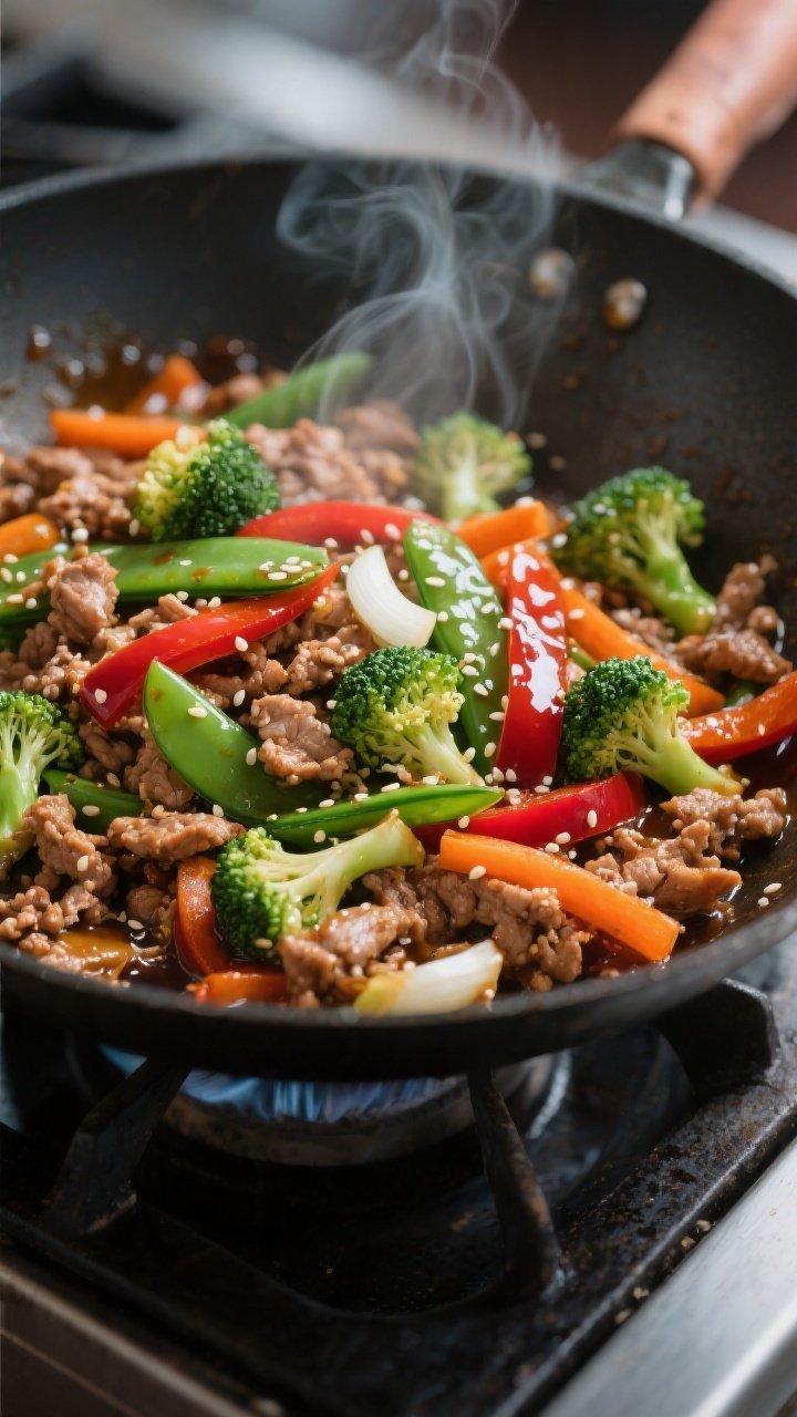 Cooking process close-up: Ground turkey stir fry sizzling in a wok, browned crumbles of turkey glist