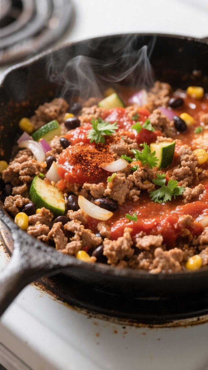 Cooking process close-up: Ground turkey taco filling sizzling in a skillet, showing crumbled browned