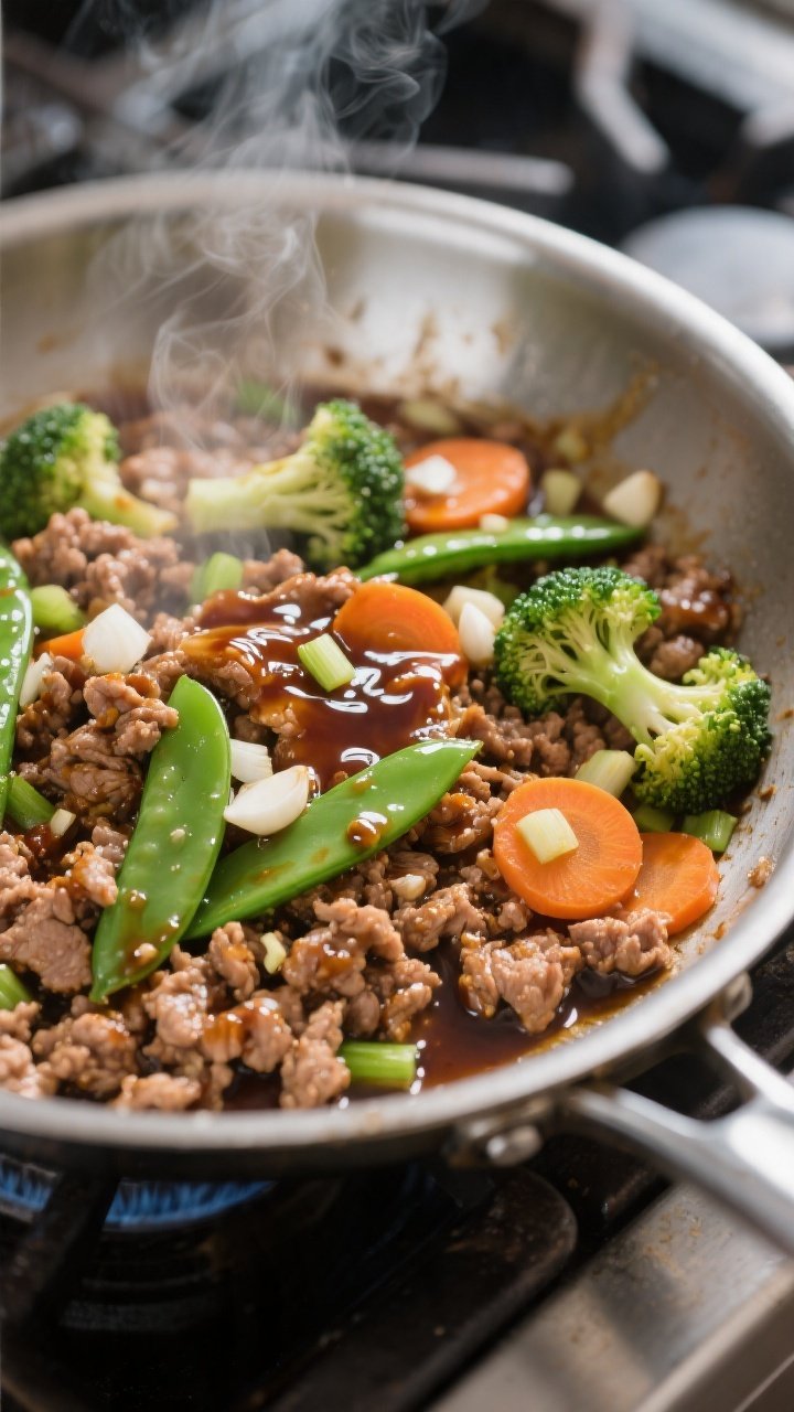 Cooking process close-up: Ground turkey teriyaki sizzling in a wide stainless skillet, turkey crumbl