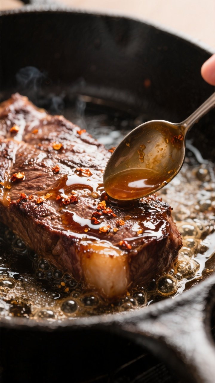 Cooking process close-up: Honey-glazed steak sizzling in a cast-iron skillet at medium heat, glaze b