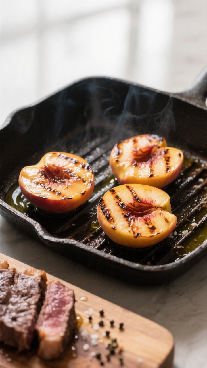 Cooking process close-up: Juicy peach halves sizzling on a preheated cast-iron grill pan, deep caram