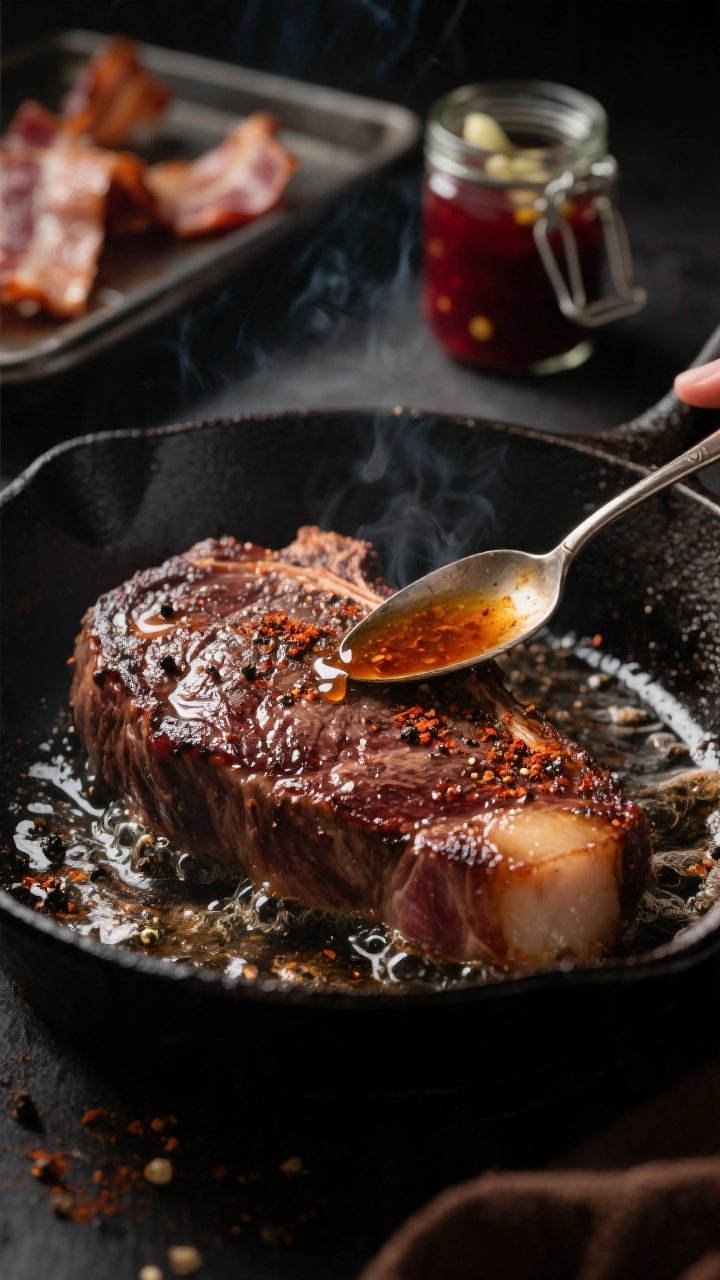 Cooking process close-up: Searing a seasoned ribeye steak in a ripping-hot cast-iron skillet, deep m