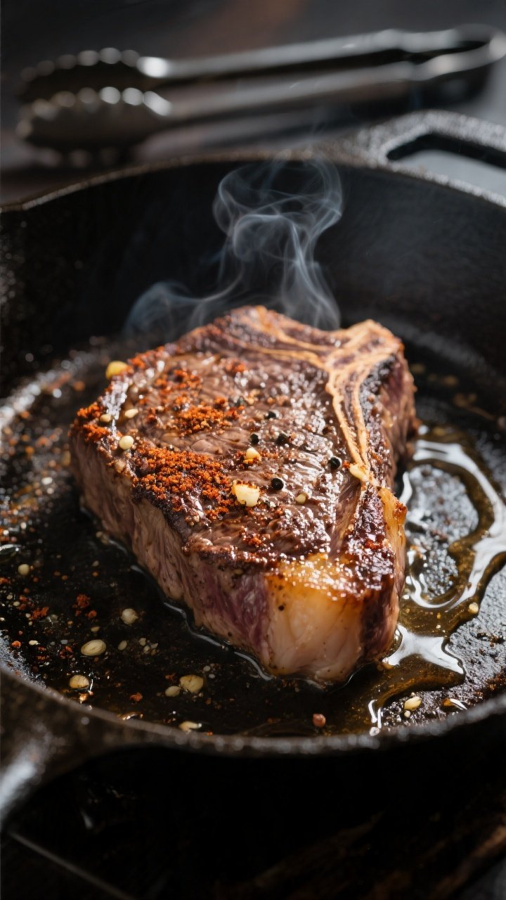Cooking process close-up: Searing buffalo steak in a preheated cast-iron skillet, medium-high heat, 