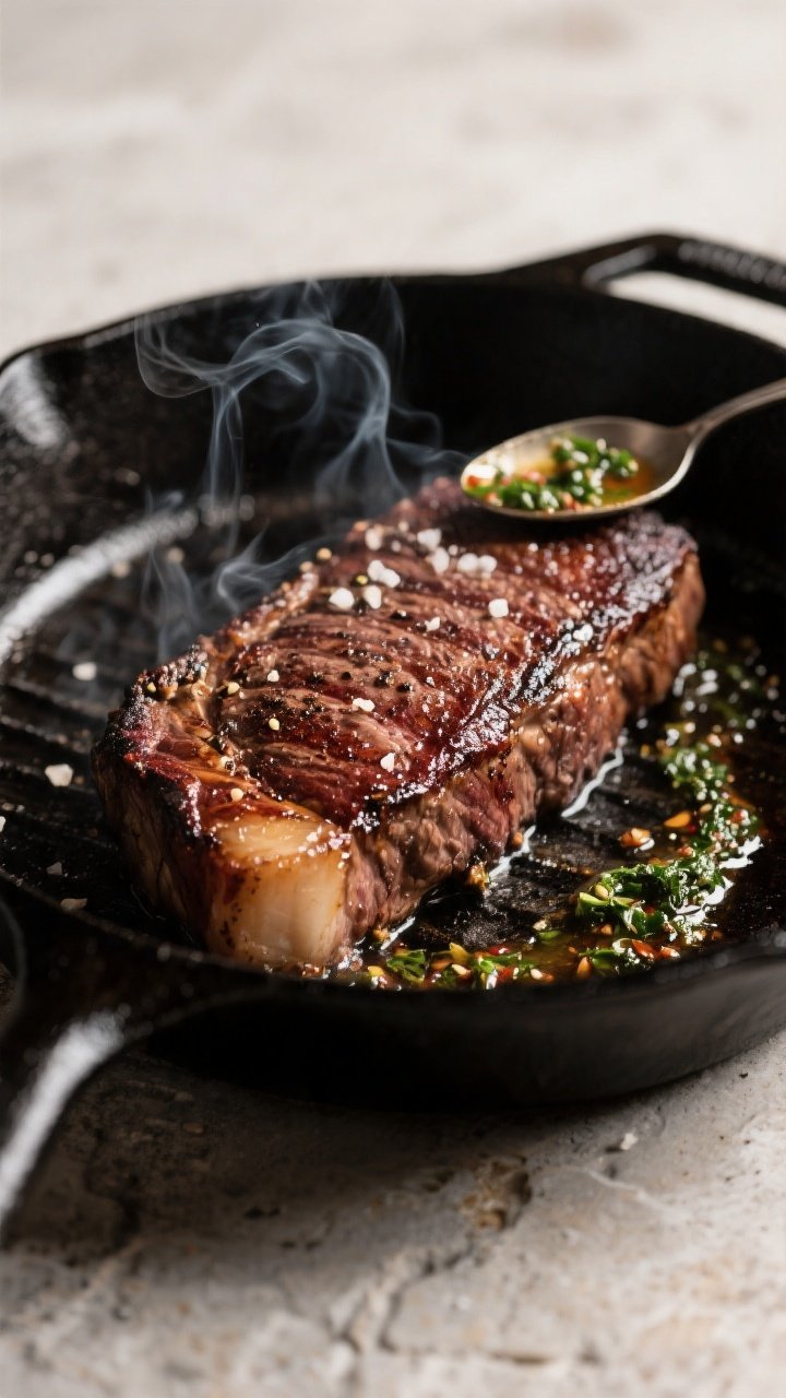 Cooking process close-up: Searing NY strip steak in a smoking-hot cast-iron skillet, deep mahogany c