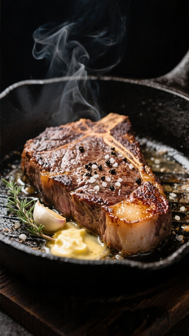 Cooking process close-up: Searing ribeye steak in a black cast-iron skillet, deep golden-brown crust