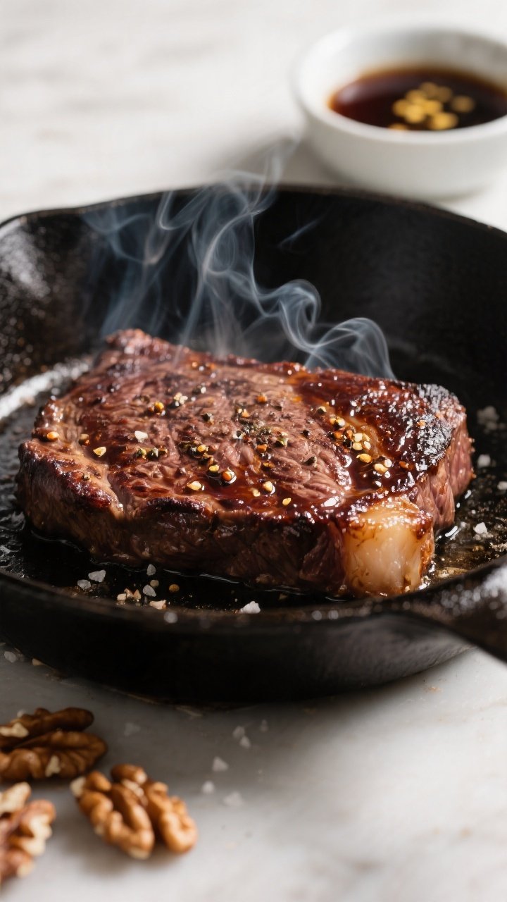 Cooking process close-up: Searing skirt steak in a ripping-hot cast-iron skillet, deep mahogany crus