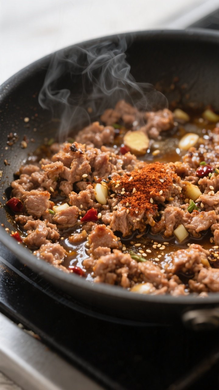 Cooking process close-up: Seasoned ground turkey sizzling in a large skillet, lightly browned with c
