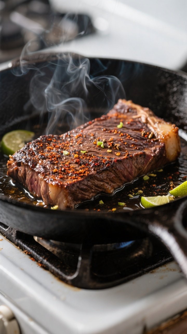 Cooking process close-up: Sizzling steak taco rub sear in a smoking-hot cast-iron skillet, medium-ra