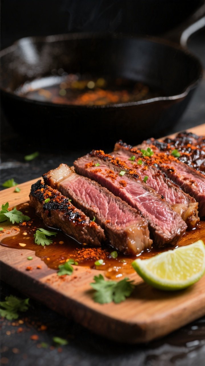 Cooking process close-up: Sliced medium-rare chipotle-lime flank steak just off a scorching cast-iro