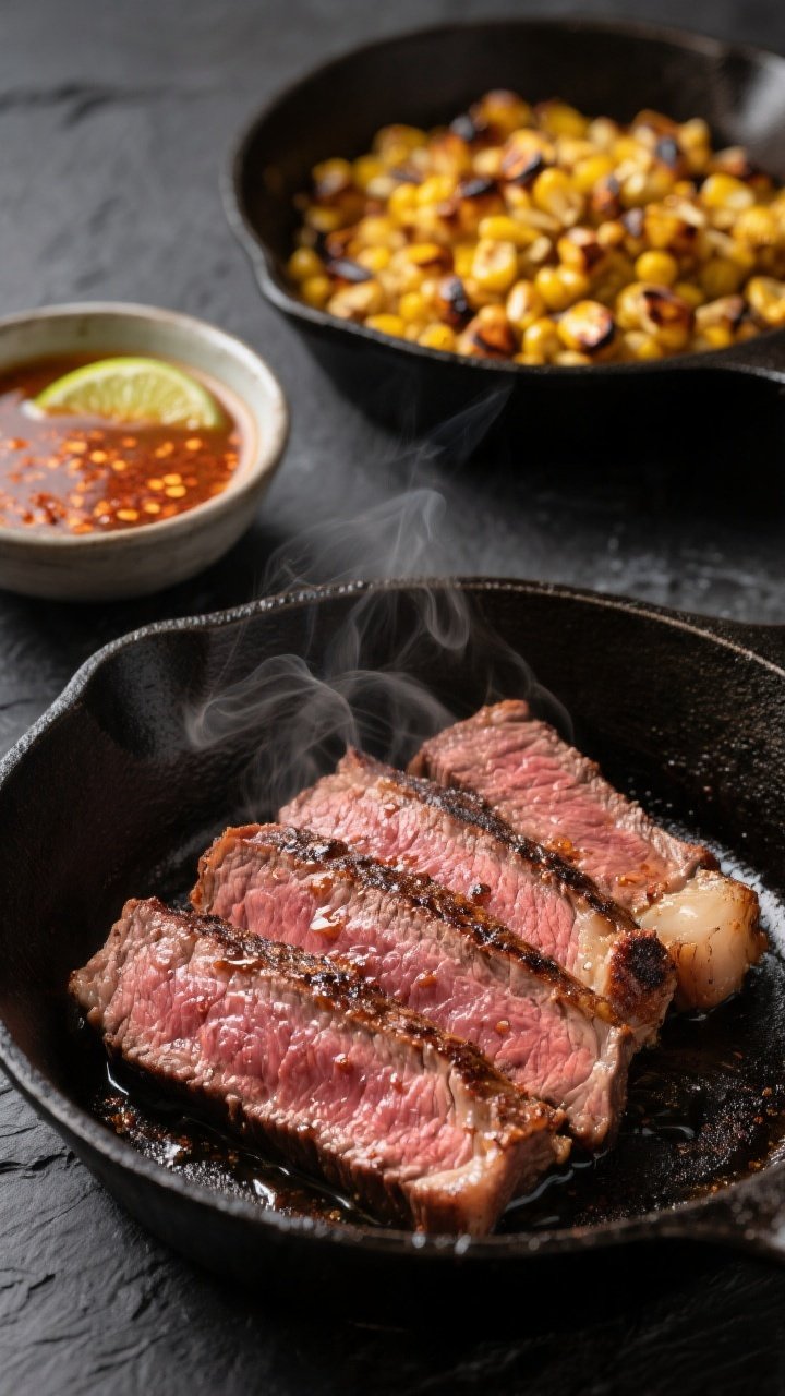 Cooking process close-up: Sliced medium-rare flank steak just off a cast-iron skillet, showing a dee