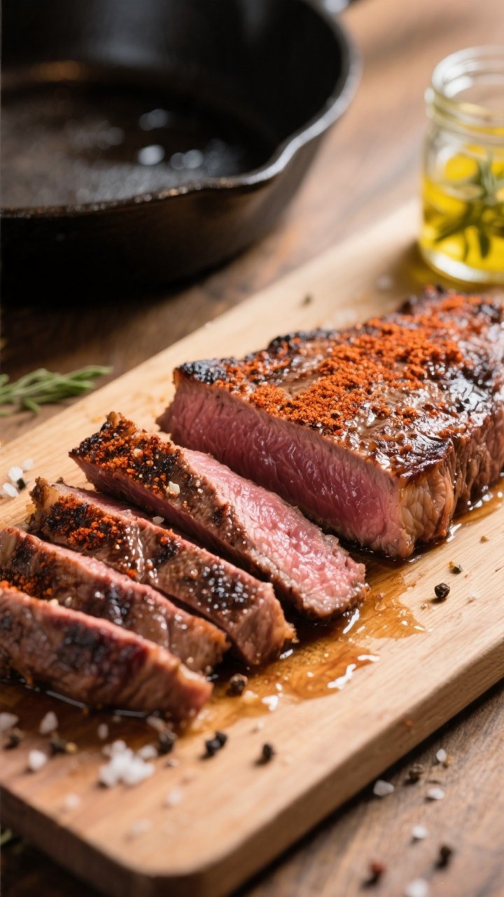 Cooking process close-up: Sliced medium-rare flank steak just off a screaming-hot cast-iron skillet,