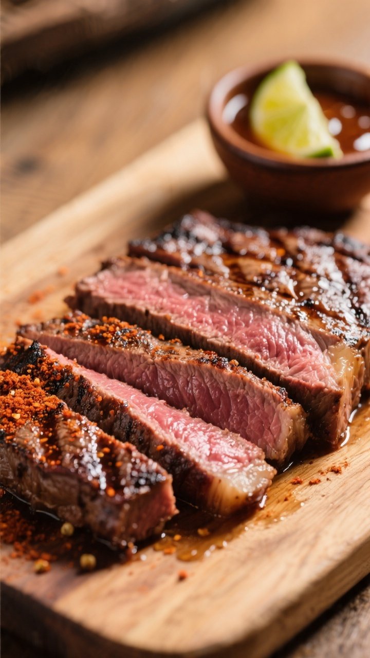 Cooking process close-up: Sliced, perfectly medium-rare flank steak just off the grill on a wooden b