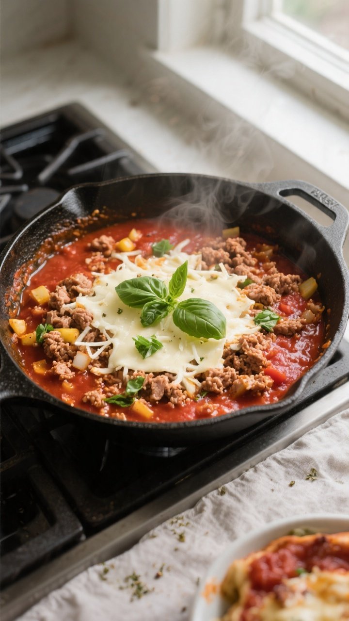 Cooking process, overhead action shot: A large oven-safe skillet on a stovetop with ground turkey cr