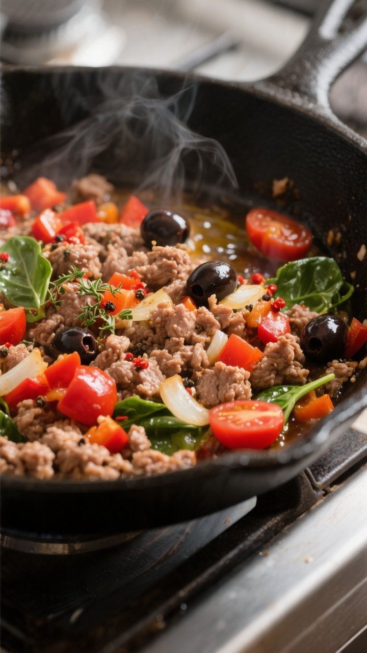Cooking process, skillet close-up: Ground turkey browning in a wide, black cast-iron skillet with di