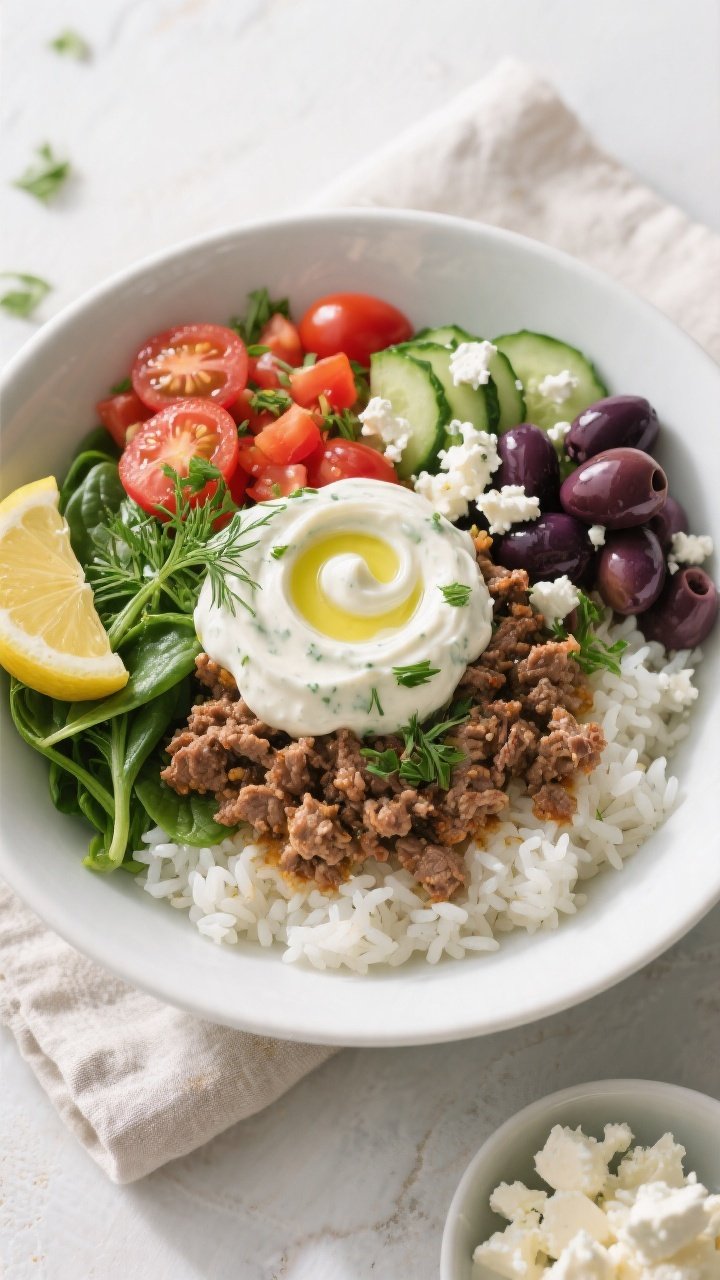Final bowl overhead: Ground Turkey Greek Bowl assembled on a wide, matte white bowl—layer of fluff