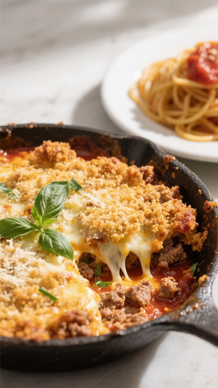 Final dish, close-up detail: Golden, crispy panko-Parmesan crust over a bubbling mozzarella layer on