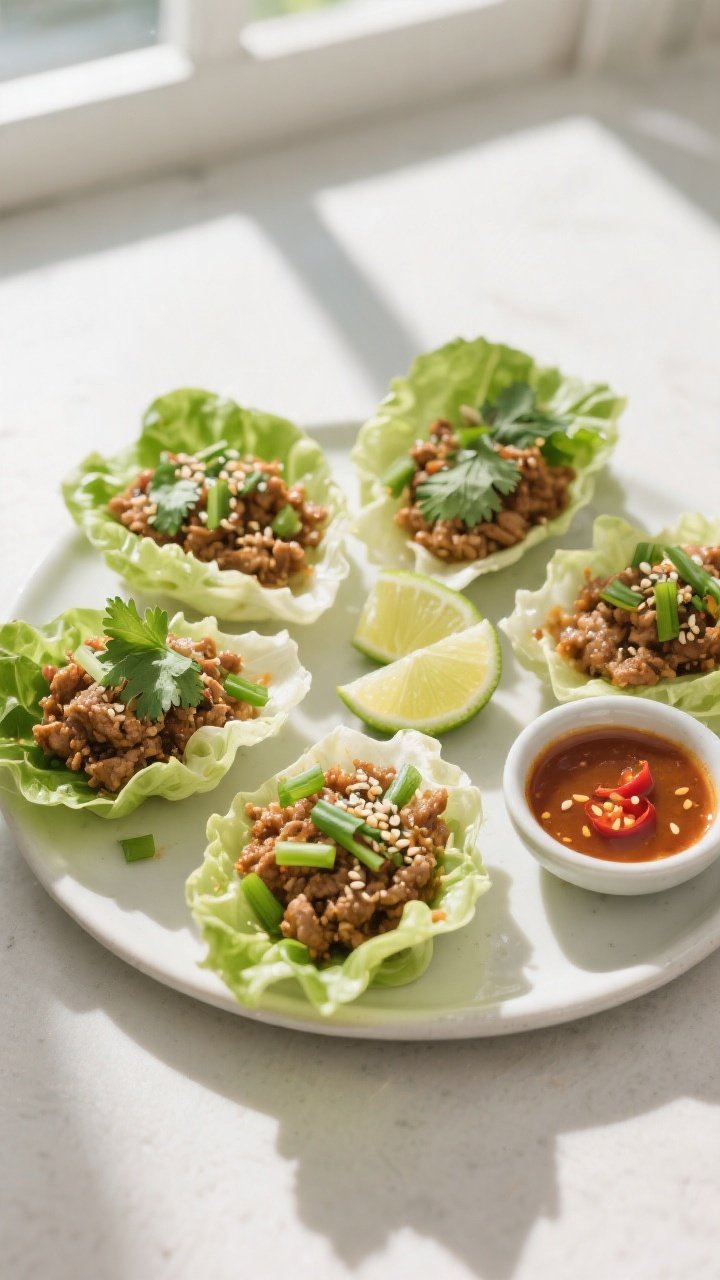 Final dish overhead: Ground turkey lettuce wraps assembled in crisp butter lettuce cups on a matte w