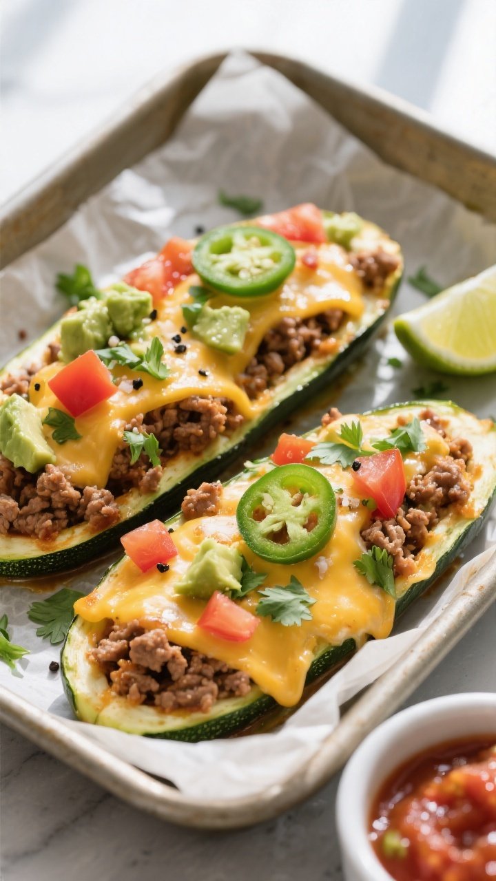 Final dish overhead: Ground Turkey Taco Stuffed Zucchini Boats arranged in a parchment-lined baking