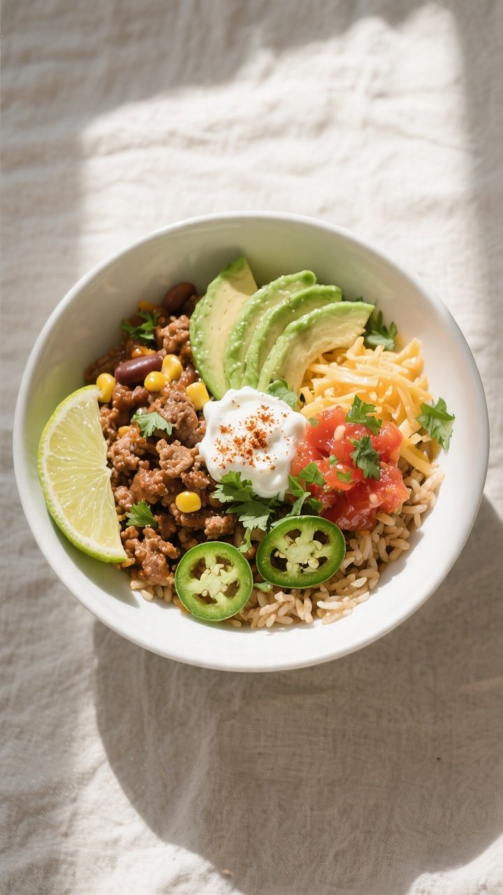 Final dish overhead: Healthy Ground Turkey Burrito Bowl in a matte white shallow bowl on a neutral l