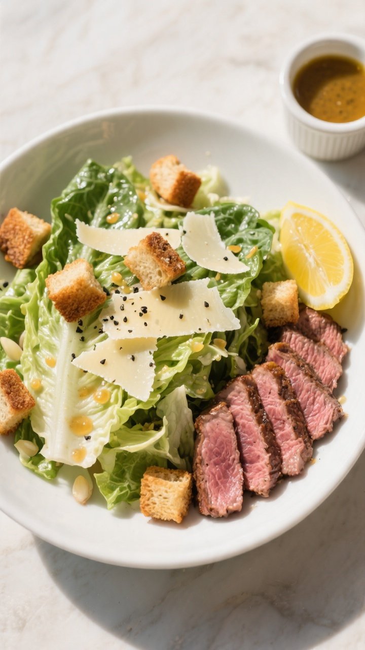 Final dish overhead: Million Dollar Steakhouse Caesar Salad in a wide, shallow white bowl, ice-cold 