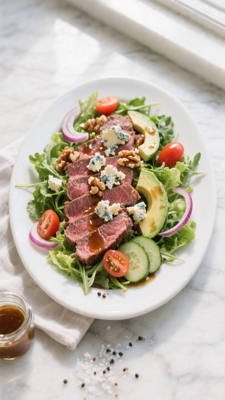 Final dish, overhead plated salad: Million Dollar Blue Cheese Steak Salad arranged on a wide white c