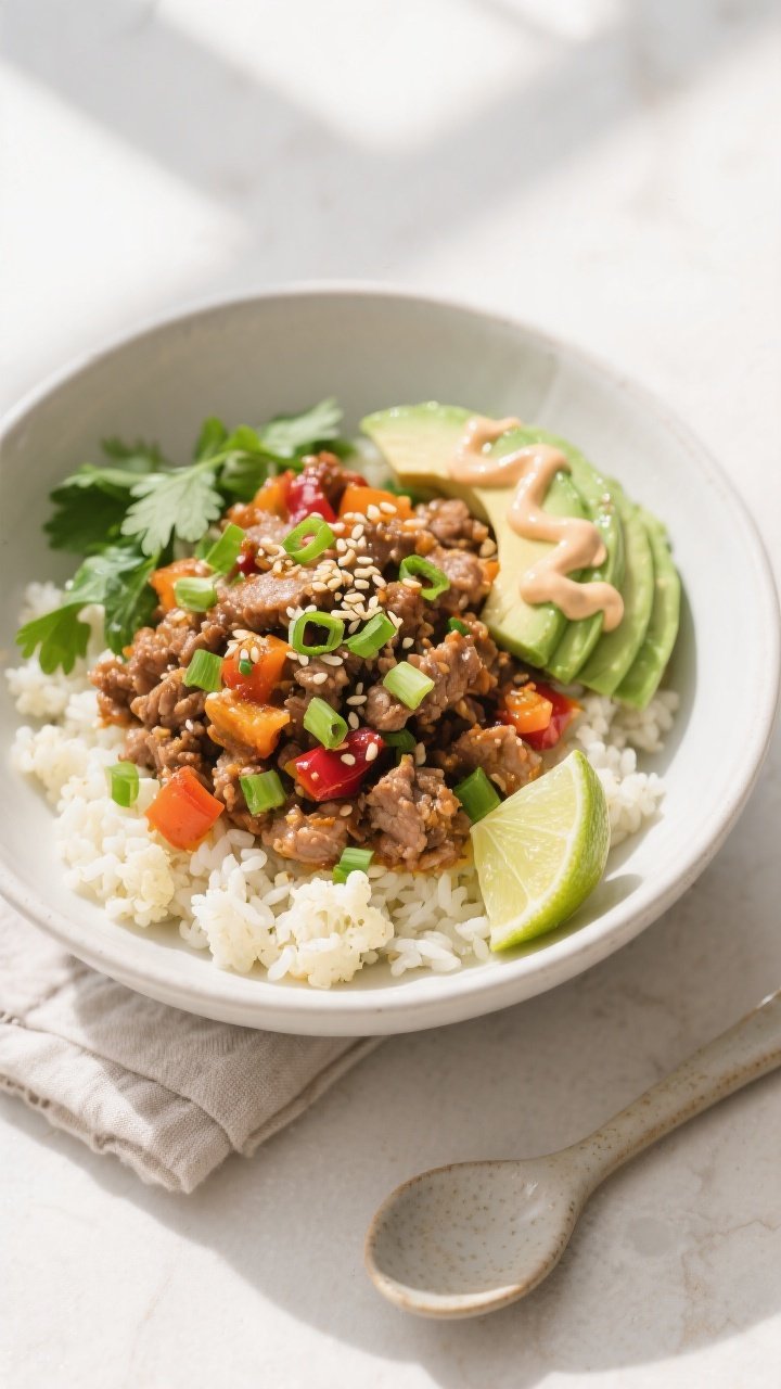 Final dish, tasty top view: Overhead shot of a Ground Turkey Cauliflower Rice Bowl beautifully arran