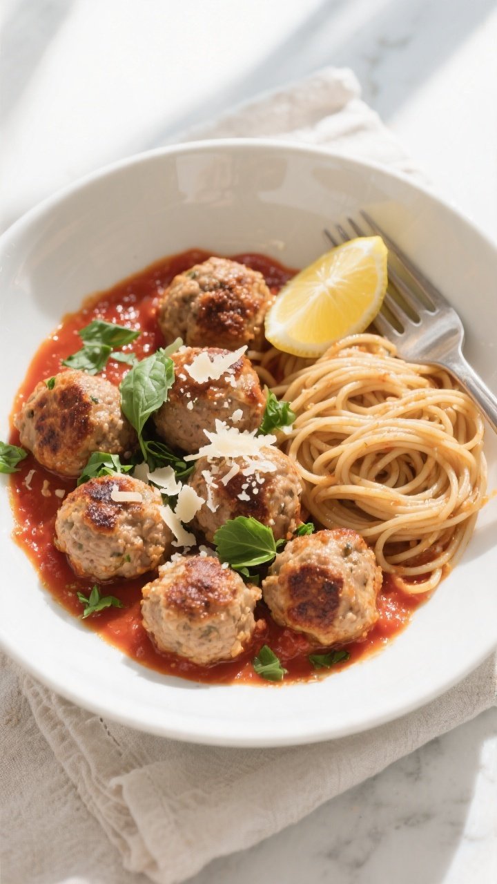 Final dish, tasty top view: Overhead shot of baked turkey meatballs nestled in warm marinara in a wi