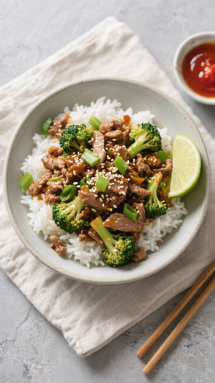 Final dish, tasty top view: Overhead shot of Ground Turkey Broccoli Stir Fry served over fluffy whit