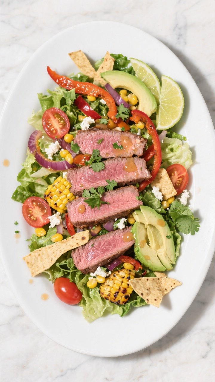Final dish, tasty top view: Overhead shot of Million Dollar Steak Fajita Salad arranged on a wide, w